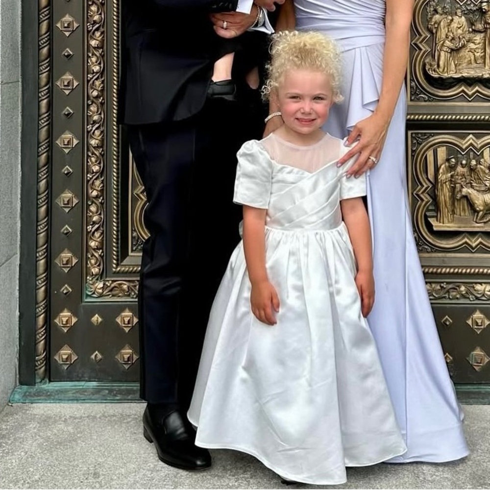 White A-line Puff Sleeve Satin With Tulle & Sheer Illusion Flower Girl Dress